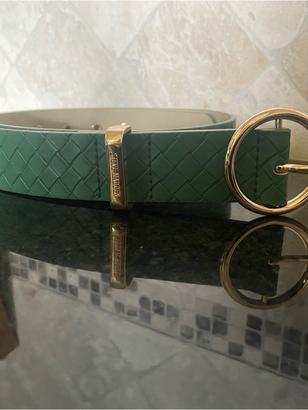 Steve Madden Green Woven Belt with Gold Buckle